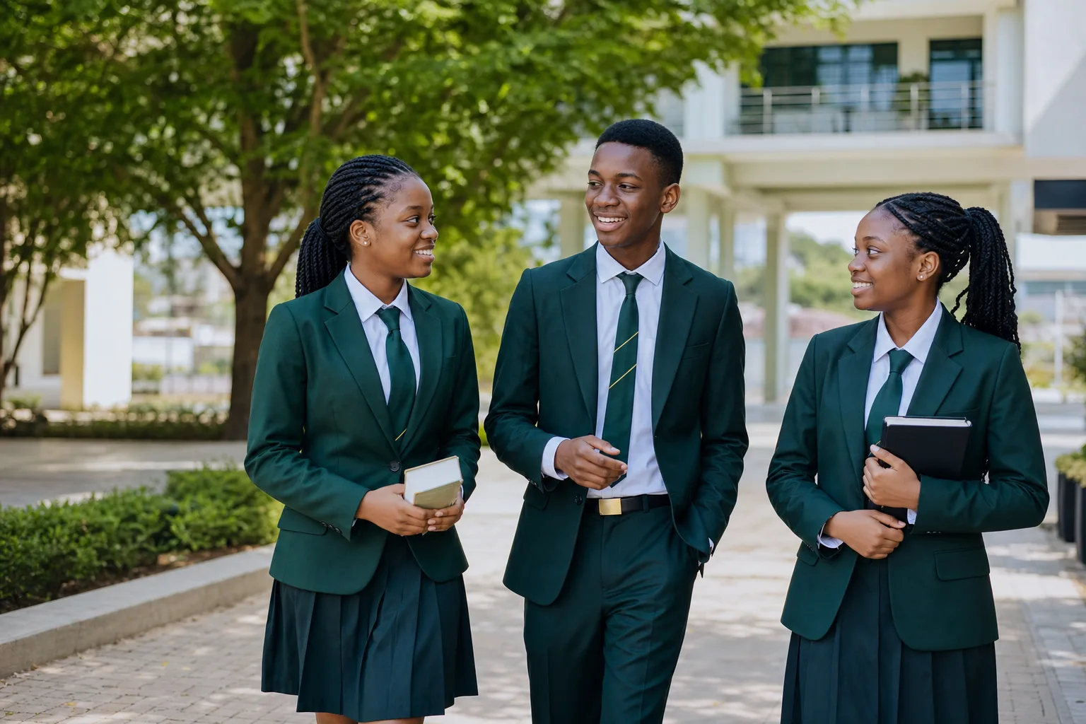 Three students walking together through a bright school courtyard