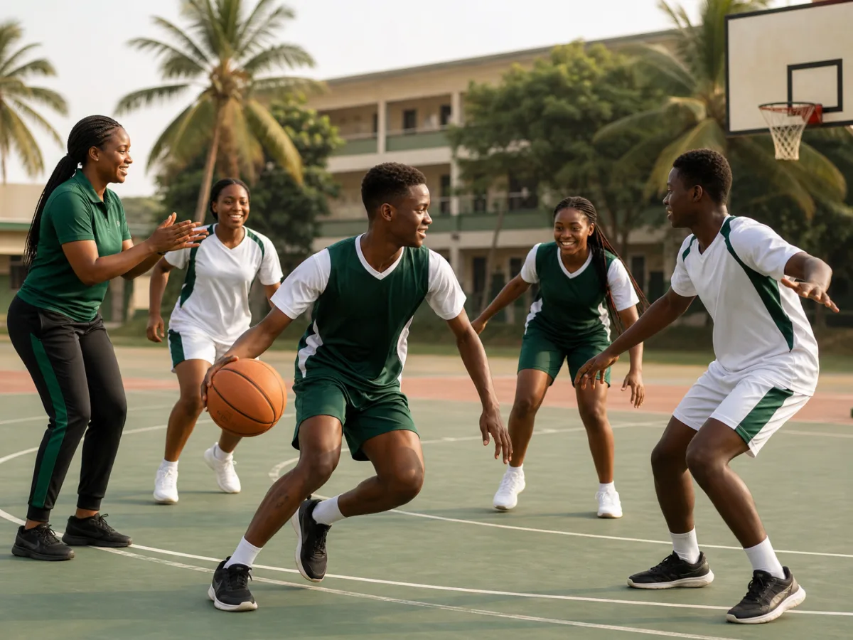 Students taking part in a coached basketball session
